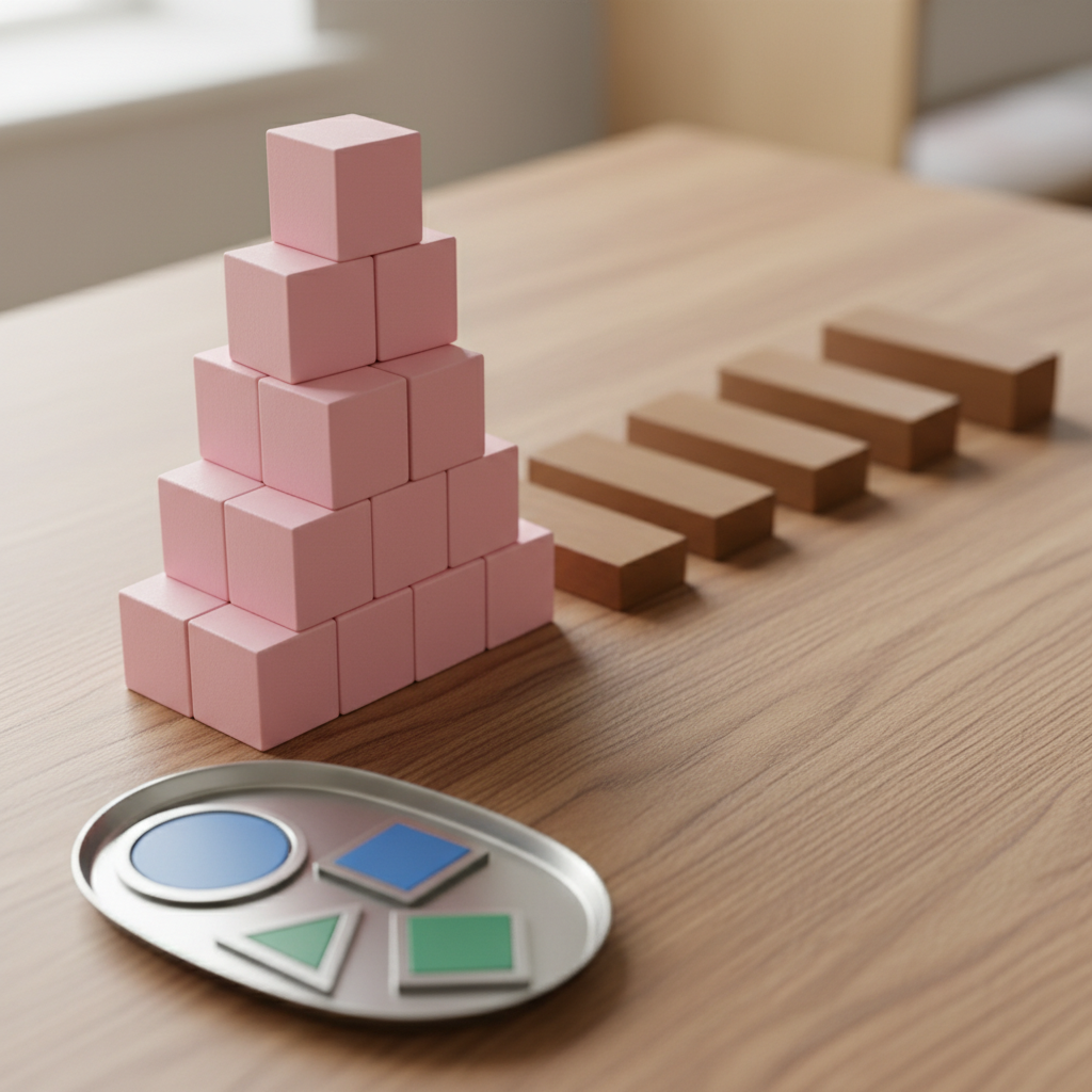 A close-up, photographic image of classic Montessori learning materials arranged on a natural wooden table: smooth pink cubes of the pink tower stacked with perfect alignment, a brown wooden staircase of prisms laid out in descending order, and a small metal insets set with colored geometric shapes. The grain of the wood is clearly visible, and each object has a soft, matte texture. Diffused natural light from an unseen window to the left creates gentle, directional shadows that define the shapes. Shot from a slightly elevated angle with shallow depth of field, the front objects are crisply in focus while the background softly blurs, creating a focused, professional, and inviting educational mood.